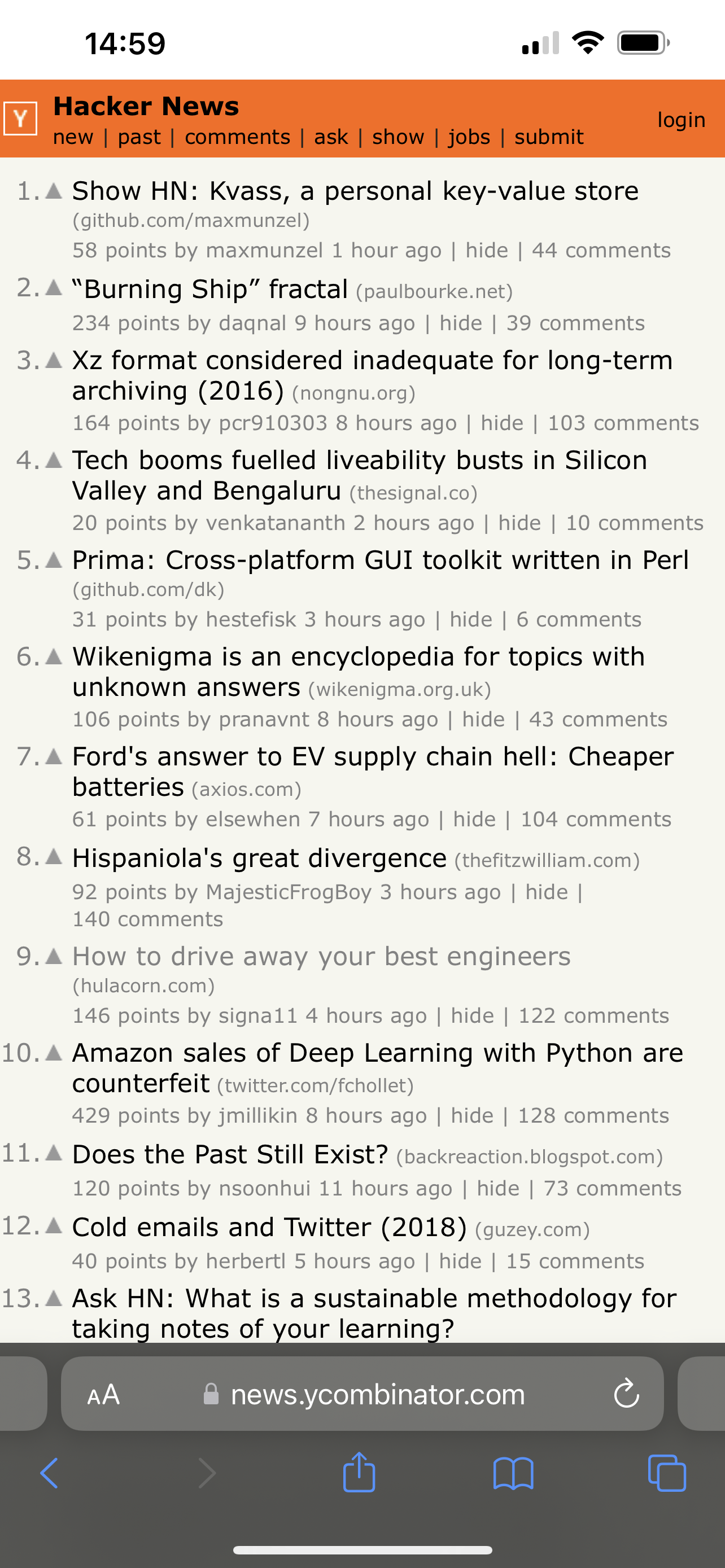 Frontpage of hackernews